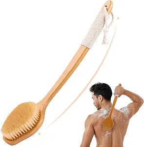 Back Scrubber for Shower���17in Bamboo with Curved Long Handle - Stiff Natural Boar Bristles for Men and Women, Deep Cleansing and Exfoliating, Anti-Slip Grip for Wet or Dry Brushing