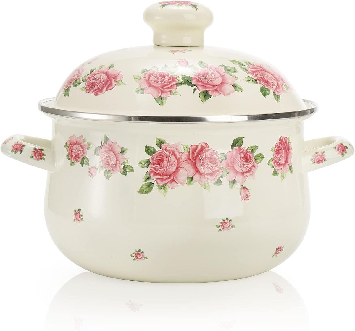 SOUJOY Enamel Stockpot with Lid, 2.8 Quart Retro Cooking Pot, Vintage Floral Stew Bean Simmer Pot with Handle, Kitchen Soup Pot, Safe for Induction Cookers, Gas Stove