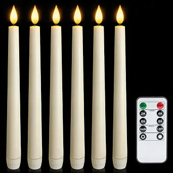 6 Pcs Flameless Taper Candles with Remote, Timer, Plastic Battery Operated Window Candles, 9.6 Inches Ivory LED Candlesticks, for Halloween Christmas Home Decoration