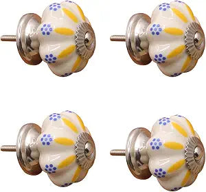 Set of 4 Yellow & White Vintage Ceramic Knobs | Stylish Modern Drawer Knobs | Trendy Cabinet Door Knobs | Simple Hardware for Kitchen, Bathroom Cabinets & Dressers