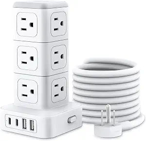 NTONPOWER 1080J Surge Protector Power Strip Tower, 10 Ft Extension Cord Flat Plug, 12 AC Outlets and 4 USB (2 USB C), 1625W 13A Overload Protection, Tower Surge Protector for Home Office Dorm Room