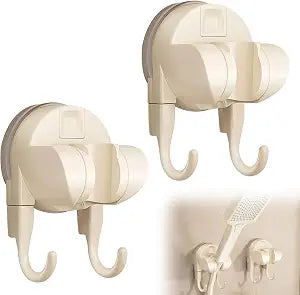 2Pcs Shower Head Holder, Strong Suction Cup Bracket No Drilling, Adjustable Wall Mounted Caddy with 2 Hooks, Heavy Duty for Handheld Shower Hose, Reusable & No Damage (White)