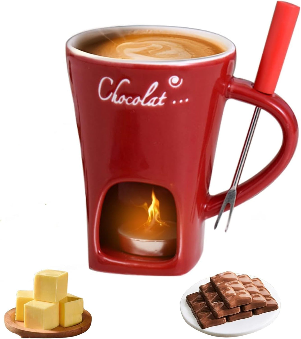 Fondue Cup, Chocolate Melting Fondue Mugs Set of with Forks and Candle, Ceramic Chocolate Melting Cup, Mini Chocolate Fondue Cups Set For Date Night Birthday Wedding Gifts (Red)