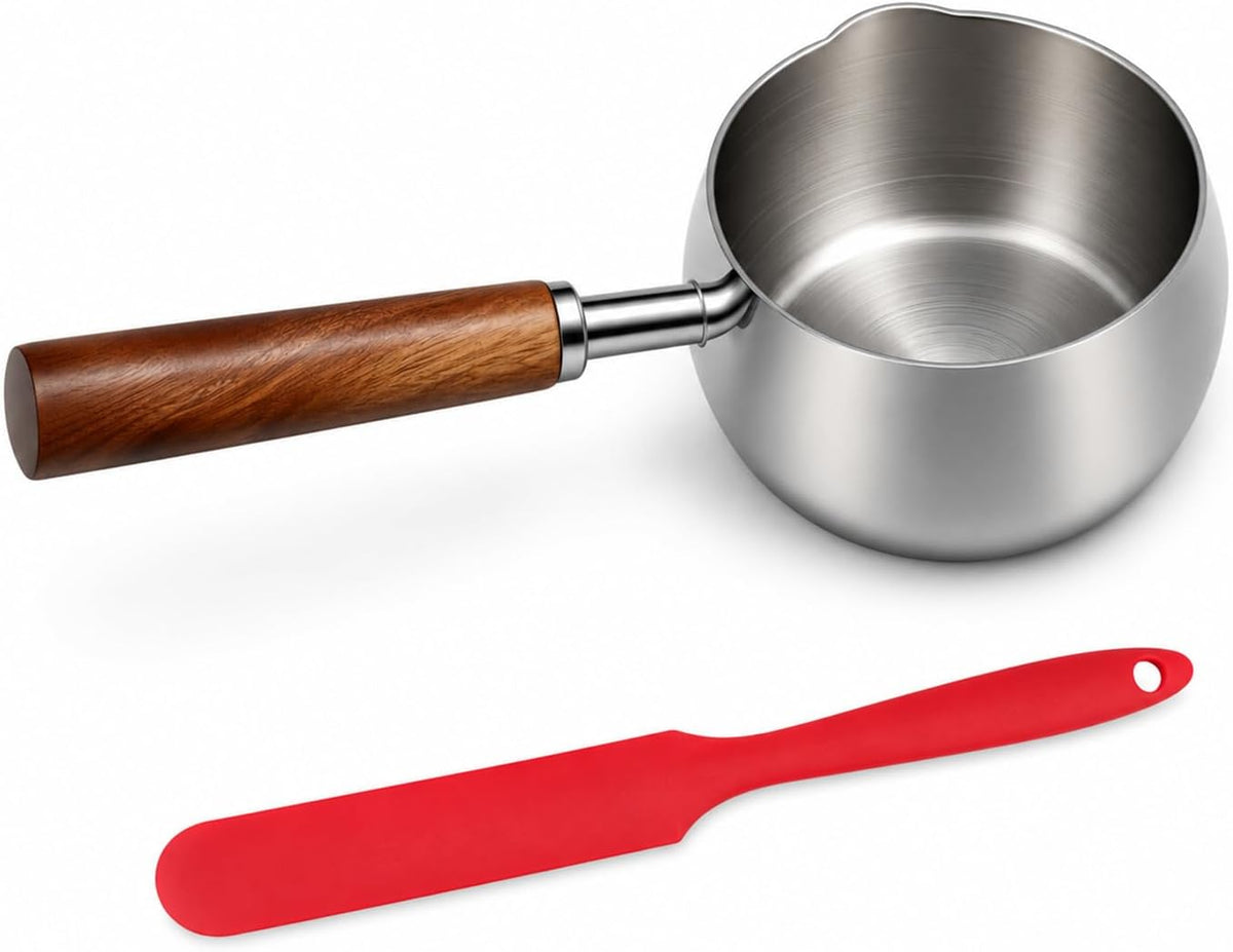 500ml Stainless Steel Saucepan with Silicone Spatula, Mini Milk Pan with Wood Handle, Pour Spout & Measurement Marks, Tri-Ply Base Small Sauce Pan for Milk, Coffee, Butter, Sauce