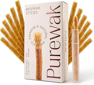 Miswak Sticks, 100% Natural Miswak, Traditional Tooth Cleaning Sticks - 3 Months Supply, 1 Pack, 12 Miswak Sticks with Holder.