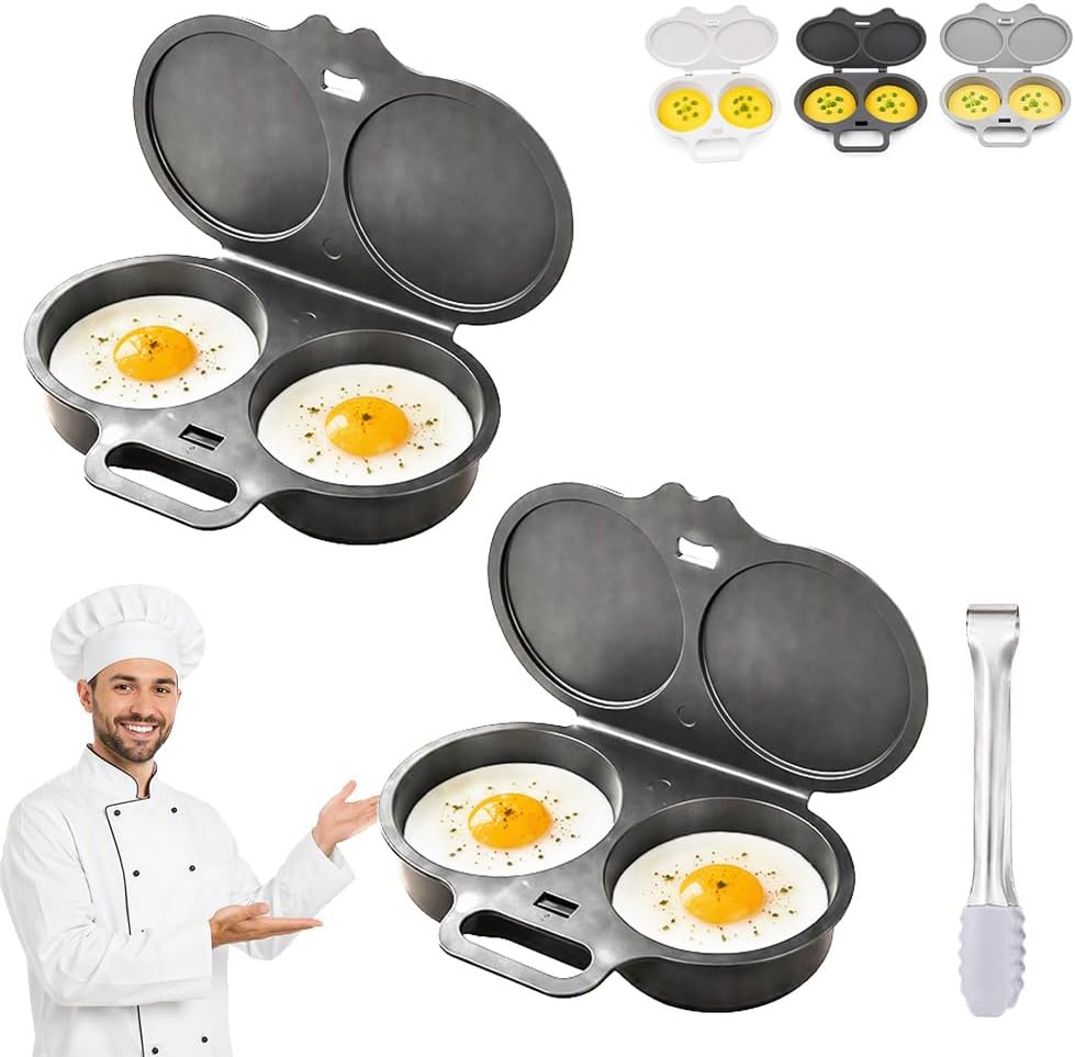 2 Pack Dual Cavity Microwave Egg Poacher with Lid & Handleï¼ŒBlack