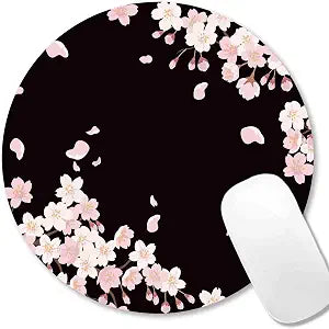 IMAYONDIA Cute Pink Flowers Mouse Pad, Floral Mouse Pads, Sakura Cherry Blossom on Black Round Mousepad, Aesthetic Desk Decor, Anti Slip Rubber Base Mice pad for Computer Office Girl, 7.9 x 7.9 Inch