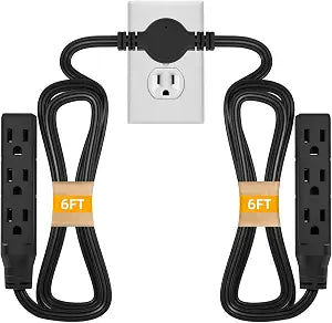 STARELO Twin Extension Cord With 6 3-Prong Receptacles, 12FT Flat Plug, 6FT Long on Each Side, for Behind Beds, Sofas, Dressers, Furniture (Black)