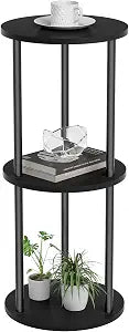 11.8'D Round Drink Table - 3-Tier Small Side Table with Wood Legs, End Table for Small Space, Balcony & Office | Space-Saving, Multi-Functional (Plants, Books, Drinks), Black