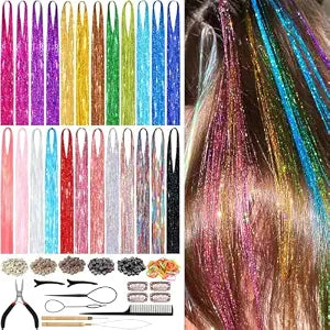 8400 STRANDS Hair Tinsel Kit for Girls, 24 Colors 48 Inches Fairy Hair Tinsel Kit Heat Resistance Colorful Glitter Hair Extensions with Tools for Party Concert