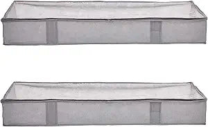 Amazon Basics Under Bed Storage Bags for Clothes and Blankets, Foldable Fabric Zipper Container with Clear Window and Reinforced Handles, Space Saving, 18 x 42 x 6 inches, Gray, 2-Pack