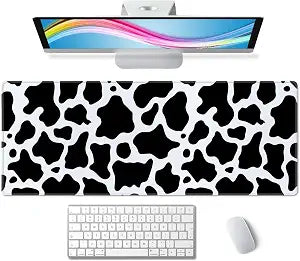 Cute Cow Pattern Desk Pad - Large XL 31.5''X 11.8'' Gaming Mousepad - White & Black - On Top of Desks - Laptop Computer Keyboard Mouse Mat