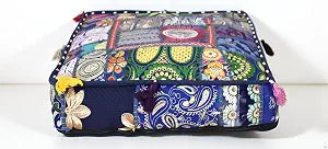 CRAFT KALA Indian Square Patchwork Traditional Pouf Cover Indian Living Room Poufs Decorative Embroidered Designer Ottoman Home Living Footstool Chair Cover Decor Pillow Cover 18x18x5 inches, Blue