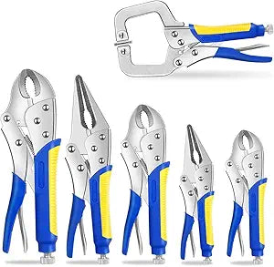 Locking Pliers Set,5"/7"/10" Curved Jaw Vise Grip,6-1/2"and 9-1/2" Needle Nose Vice Grips, 6" C-Clamp for Woodworking, Metal Working and Welding