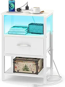Yoobure White Night Stand with Charging Station, LED Nightstand for Bedroom