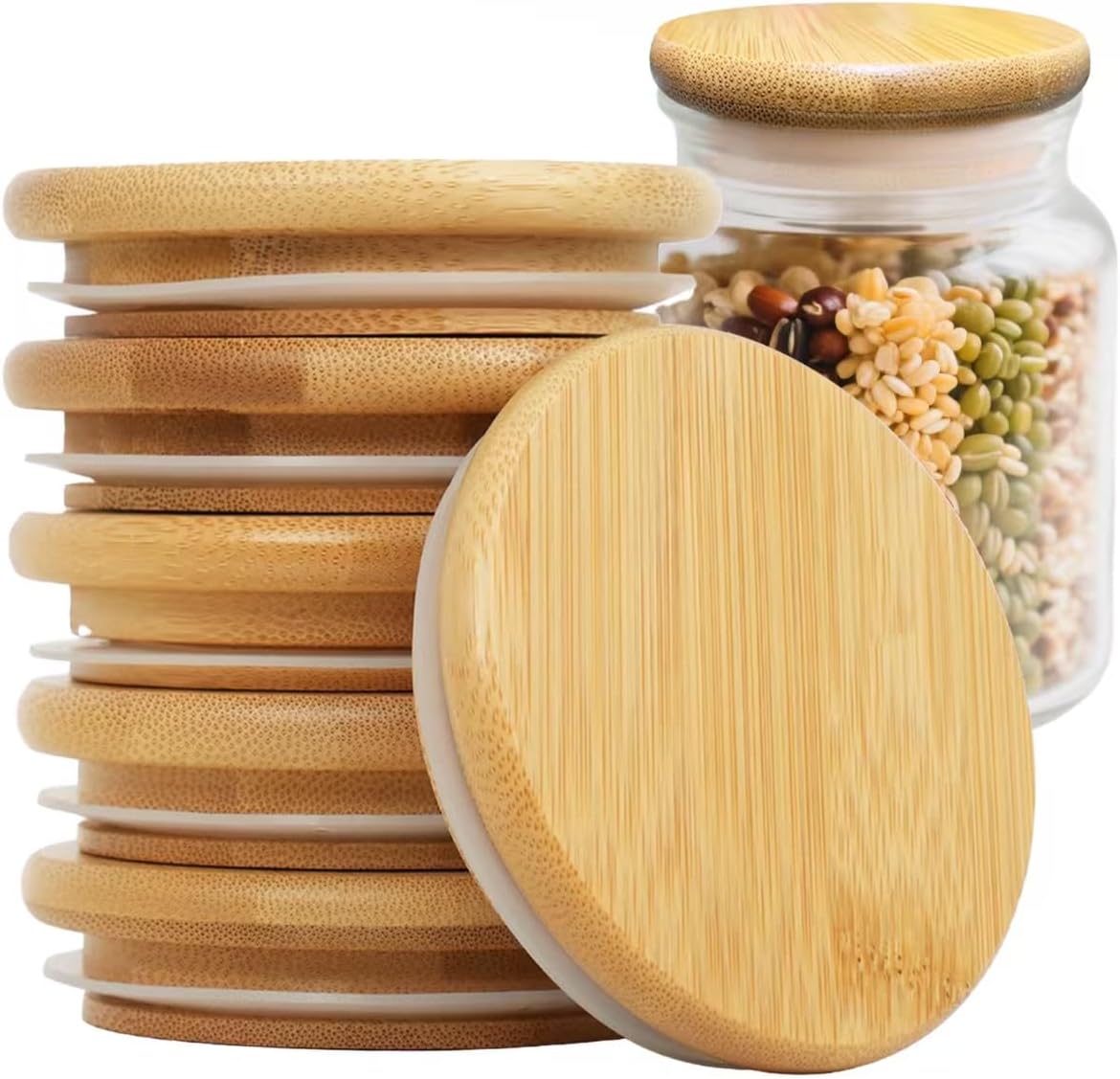 Wooden Mason Jar Lids - 86mm/3.4 Inch Reusable Natural Bamboo Mason Jar Lid, Food Grade Material Silicone Sealing, 100% Fit & Airtight for Wide Mouth Mason Jars (6PCS Wide Lids)