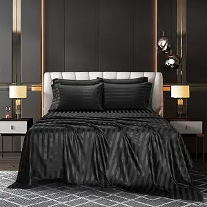 AiMay 4 Piece King Size Satin Bed Sheet Set Striped Italian Style Deep Pocket Solid Color 1800 Series Luxury Silky Super Soft 1 Flat Sheet 1 Fitted Sheet 2 Envelope Pillowcases(Black, King 4pc)