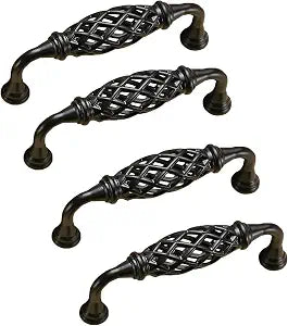4PCS Birdcage Cabinet Hardware Handle Pull, Cast Iron Antique Door Handle Metal Barn Door Handle, Center Holes Handle for Kitchen Cupboard Bedroom Wardrobe Bathroom Drawer (96Black)