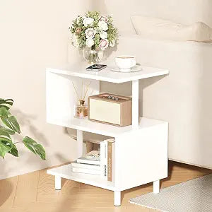 Apicizon S-Shaped Side Table, Nightstand with Solid Wood Legs, White