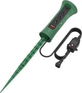 CCCEI GFCI Outdoor Power Strip Weatherproof with Stake, Waterproof Extension Cord with Multiple Outlets, Christmas Exterior Garden Decor, Yard, Camping, 4 Plugs, Surge Protector 10FT, Green.