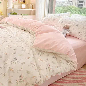 Nayoroom Pink Floral Duvet Cover Queen Reversible Striped Coquette Bedding