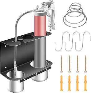 Huthbrother Grease Gun Holder, Wall Mount Grease Gun Storage Rack/Organizer, Hand Grease Gun Holder Rack for Workshop, Shop, Garage, W/Removable Drip Cups, Spare Cartridge Holder and Separate Spring