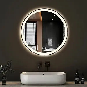 Sweetcrispy 24-Inch Round LED Bathroom Backlit Mirror with Lights, Circle Vanity Mirror with Anti-Fog, Dimmable, 3-Color Light, Memory Function, Tempered Glass