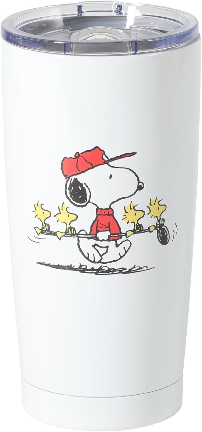 Peanuts Snoopy Stay Chill 17 oz Insulated Stainless Steel Tumbler with Lid, Double Wall Thermal Drink Cup for Hot & Cold Beverages, White, Sporty Snoopy
