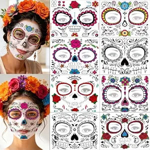 Day of the Dead Face Tattoos 8 Sheets - Halloween Temporary Tattoos Sticker Kit Dï¿½ï¿½a de Los Muertos Glitter Red Roses Skeleton Sugar Skull Fake Tattoo for Halloween Makeup on Face 