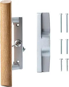 HOME MASTER HARDWARE Patio Sliding Door Handle Set, Non-keyed Sliding Screen Door Handles with Wood Handle, Sliding Door Hardware Fits 3-15/16" Hole Spacing