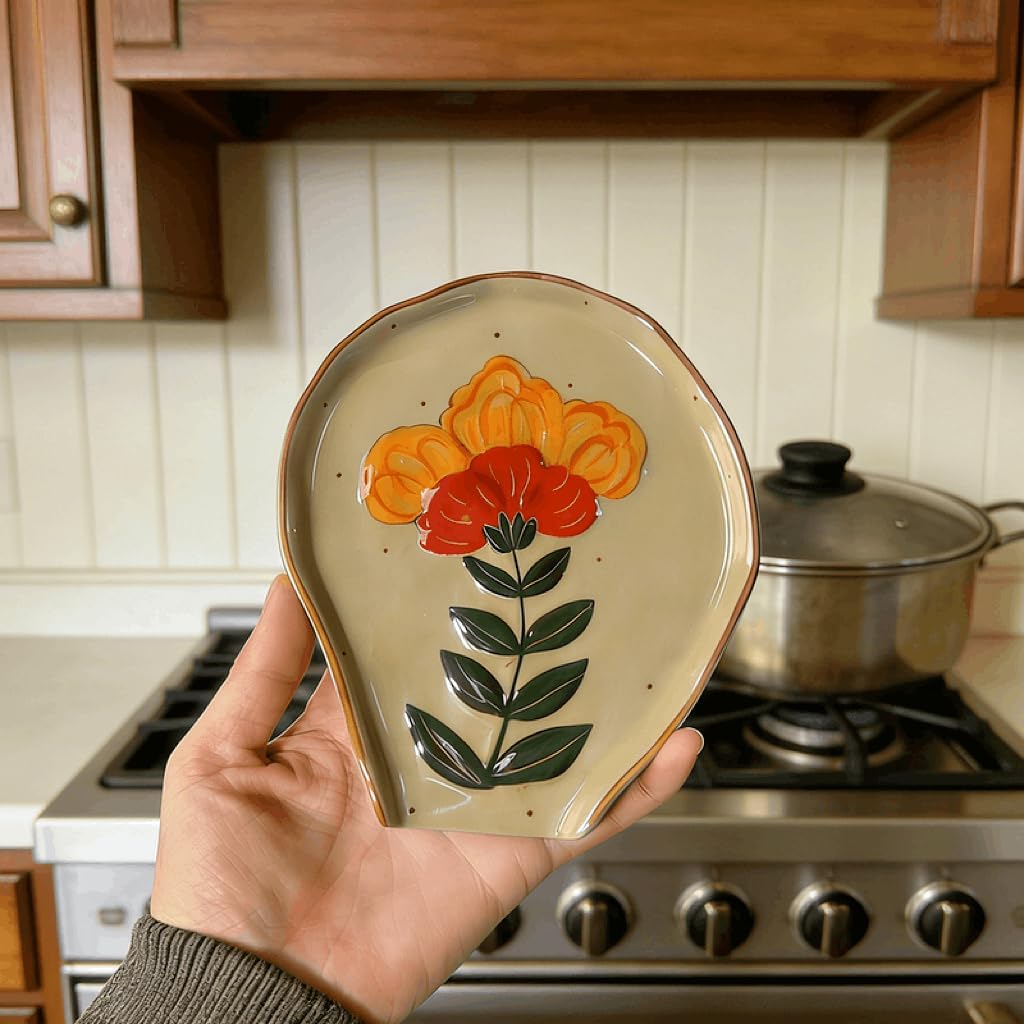 Vintage Ceramic Spoon Rest for Stove Top, Hand-Painted Floral spatula rest