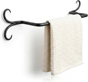 Hand Forged Wrought Iron Towel Hanger with Scroll Design | Rustic Wall Mounted Towel Rack | Heavy Duty Bathroom & Kitchen Towel Holder | Black Finish (Scroll Shape)
