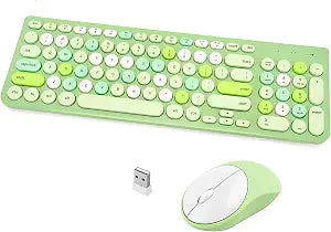 Wireless Keyboard and Mouse Combo, Retro Typewriter Keyboard with Round Keycaps, 2.4GHz USB Cute Wireless Keyboard Mouse for Computer, Desktop, Laptop (Green Colorful)