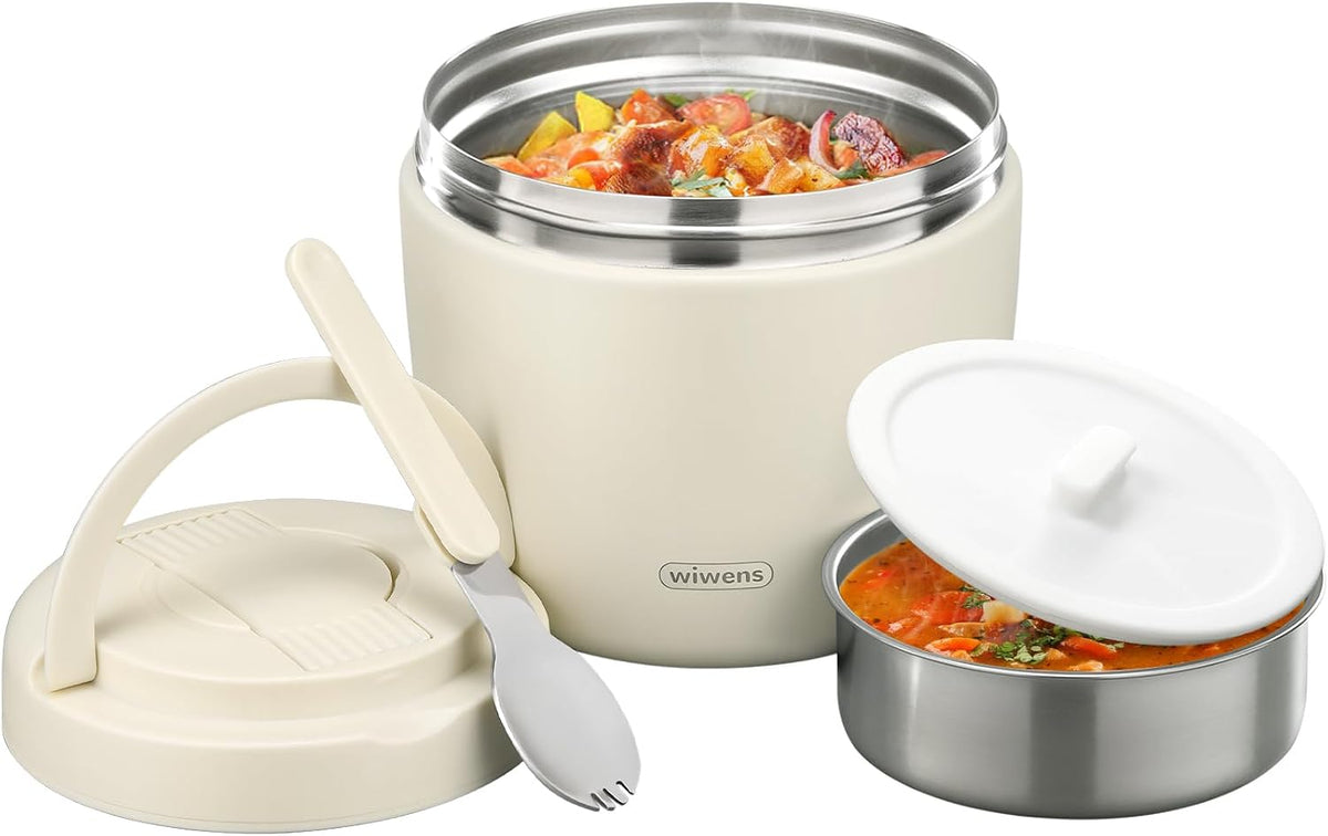 wiwens Thermo Food Jar for Hot Food 32OZ Soup Thermo Lunch Containers Wide Mouth Vacuum Insulated Stainless Steel Leakproof Bento Box with Spoon (Beige)