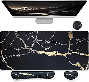 Bloss Ergonomic Mouse Pad and Keyboard Wrist Rest (4 Pcs), Non-Slip Desk Mat Protector, Desk Pad for Keyboard and Mouse, Large Gaming Mousepad-Black Marble (31.515.7 Inches)