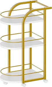 YATINEY 3-Tier Bar Cart, Home Bar Serving Cart with Fence and Wheels, for Dining Room, Living Room, Garden, Party, White and Gold BC06DW