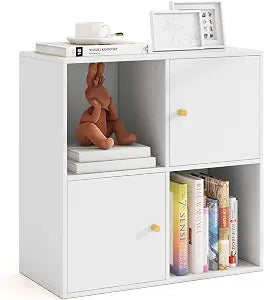 Giantex 4 Cube Bookcase, 2-Tier Freestanding Book Shelf with Open Compartments, Enclosed Cubes, Display Storage Cabinet for CDs/Movies/Books, Cubby Storage Organizer for Study Living Room (White)