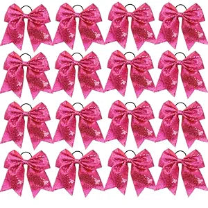 16 PCS Large Glitter Hot Pink Cheer Hair Bows, Shiny Cheerleading Bows Ponytail Holder for Cheerleader Girls Softball Sports and Christmas Tree Decor (Hot Pink)