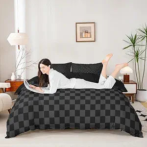 Manfei Black and Gray Checkered Duvet Cover Queen Size,Geometric Plaids Grids Simple Bedding Set 3 Pcs for Teens Adults,Abstract Checkerboard Buffalo Squares Comforter Cover(No Filler)