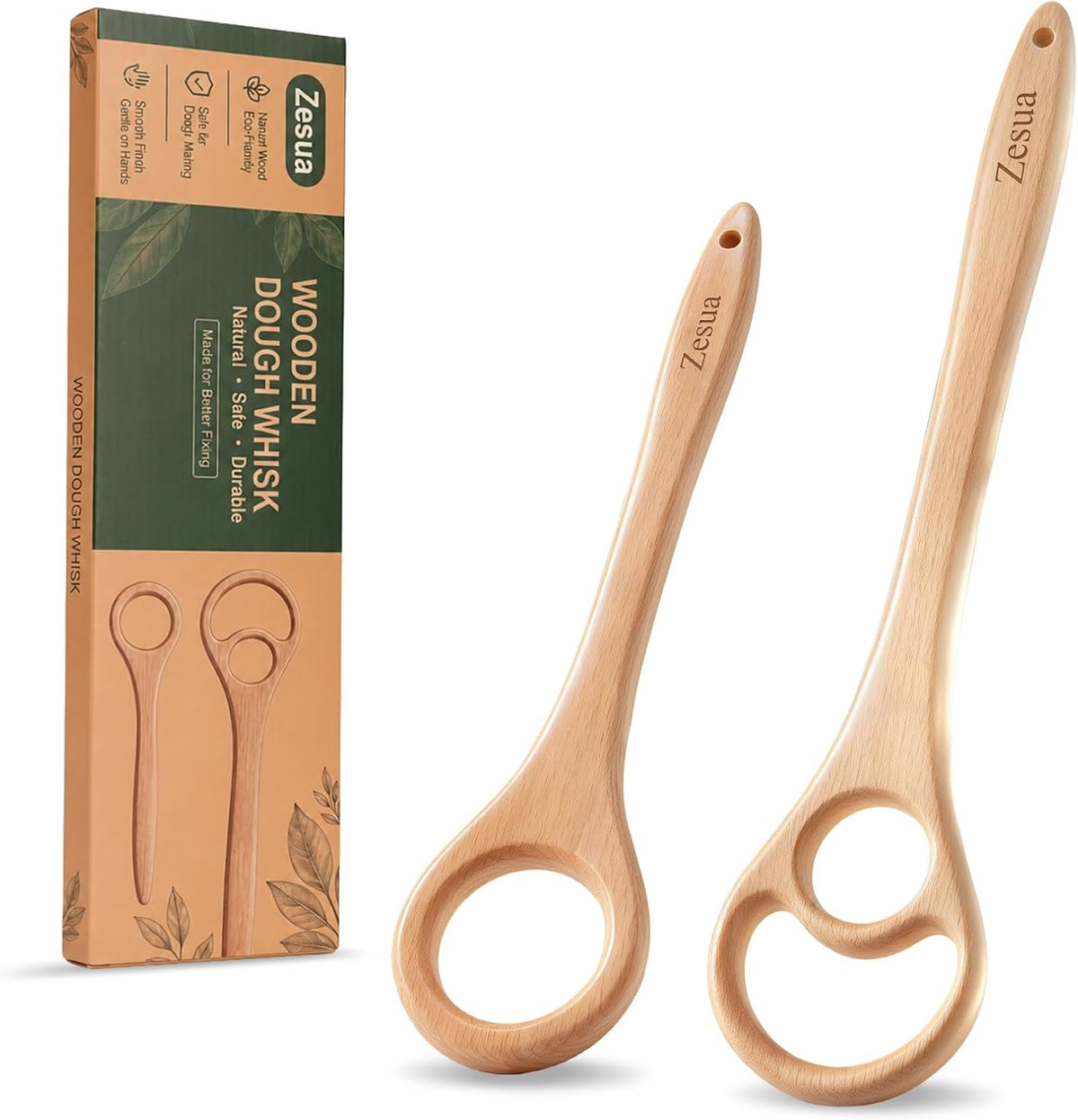 Wooden Dough Whisk Set, One-Piece Solid Beech Wood Danish Sourdough Whisks