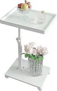 YYW Adjustable C-Shaped End Table with Removable Wheels & Convertible Base - 360 Swivel Height-Adjustable (17.7"-31.5") Sofa/Bedside Table, Minimalist Solid Colors for Modern Spaces (White)