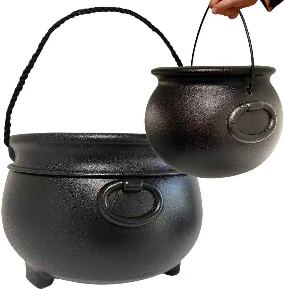 GIFTEXPRESS 2â€‘Pack Black Cauldrons (12'' & 8'') - Halloween Candy Bowl & Trickâ€‘orâ€‘Treat Pail, Reusable Witch Kettle Buckets, St. Patrickâ€™s Pot of Gold Party Decor