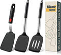 Silicone Spatula Set, Heat Resistant Solid & Slotted Turner for Non-Stick Pans, Silicone Cooking Utensils Set, BPA-Free, Flexible Spatula Turner for Flipping Eggs, Burgers, Pancakes, Black, 3 PCS-A