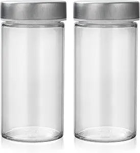 Tianifa 2 Pcs Glass Spice Jars/Bottles - 3oz Empty Round Spice Containers with Airtight Metal Caps with Shaker Lids (2, clear)