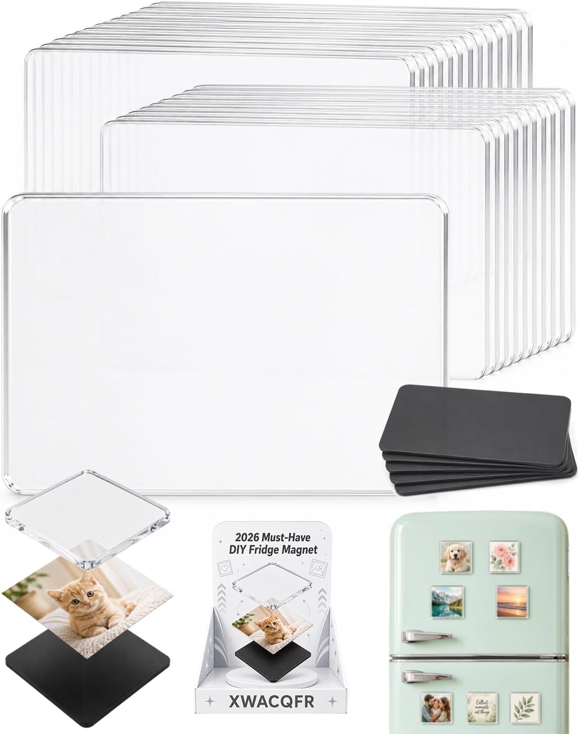DIY Clear Acrylic Fridge Magnet Kit with Adhesive Backing, Refrigerator Magnets, Magnetic Photo Frames, Custom Picture Craft Set, Square Photo Frame Pack for Kitchen Office Classroom Decor