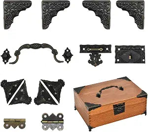 Antique Jewelry Box Lock Latch Hasp Hinges Handle Corner Protectors Kit for DIY Bronze Tone 2 Sets 24Pcs