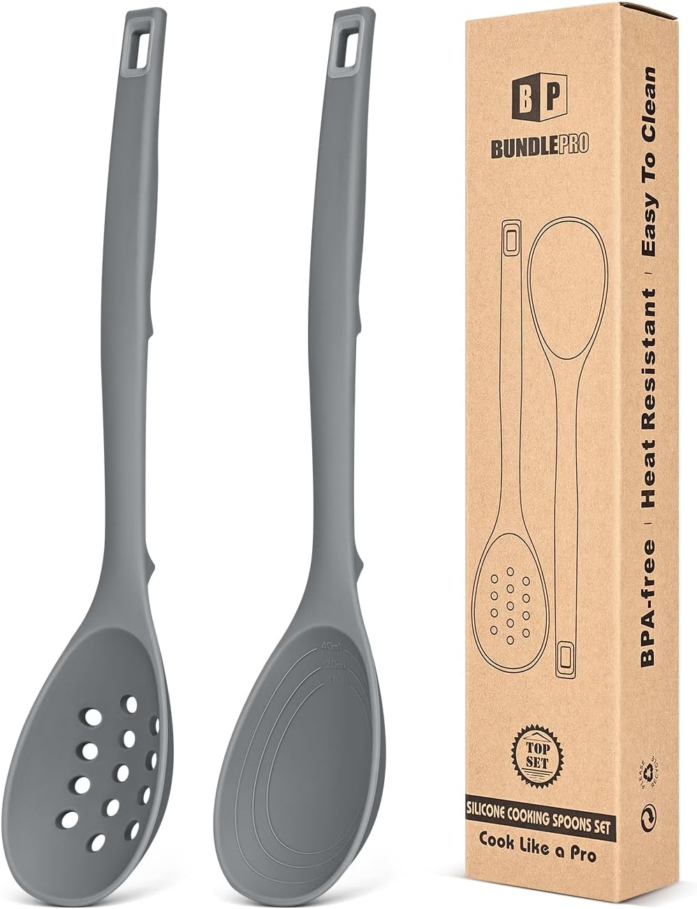 BUNDLEPRO Silicone Cooking Spoons for Nonstick Cookware, One-Piece, 2 Pack
