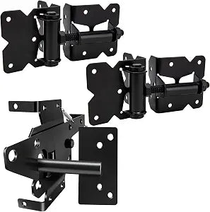 Self Locking Gate Latch and Gate Hinges Set Heavy Duty Hardware Hinges for Vinyl and Wood Fence with Installation Screws and Swing Adjuster Tool Heavy Duty 1 Gate Latch 2 Gate Hinge