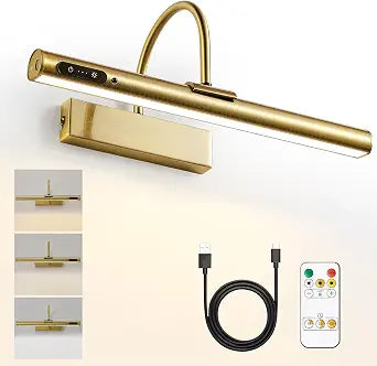 Brass Picture Light for Wall, Rechargeable LED Painting Sconce with Remote & Touch Control, Dimmable & 3 Color, Magnetic Cordless Battery Art Lights On Wall for Painting Poster Frame Gallery Decor