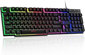 GEODMAER 104 Keys Gaming Keyboard, Full Size LED Backlit Wired Keyboard with Multimedia Keys, Anti-Ghosting, Spill-Resistant Membrane Gaming Keyboard for PC Laptop